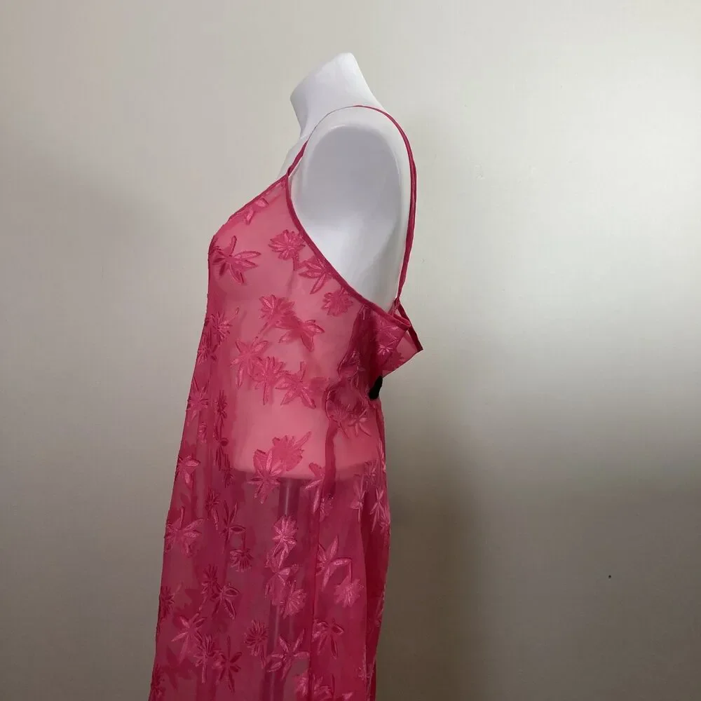 Vintage Lingerie Y2K Sheer Floral Bias Cut Slip Hot Pink Romantic Size Large - Picture 5 of 8
